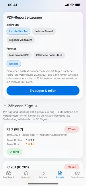 Erzeugter Nachweis mit Aufstellung der Verspätungen